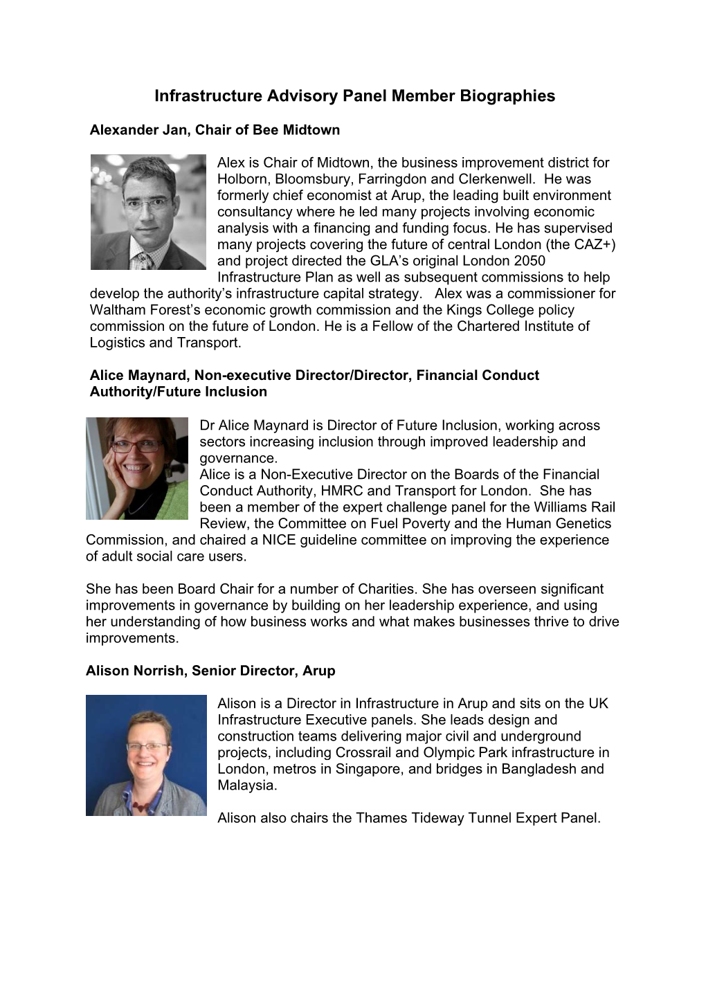 Infrastructure Advisory Panel Member Biographies