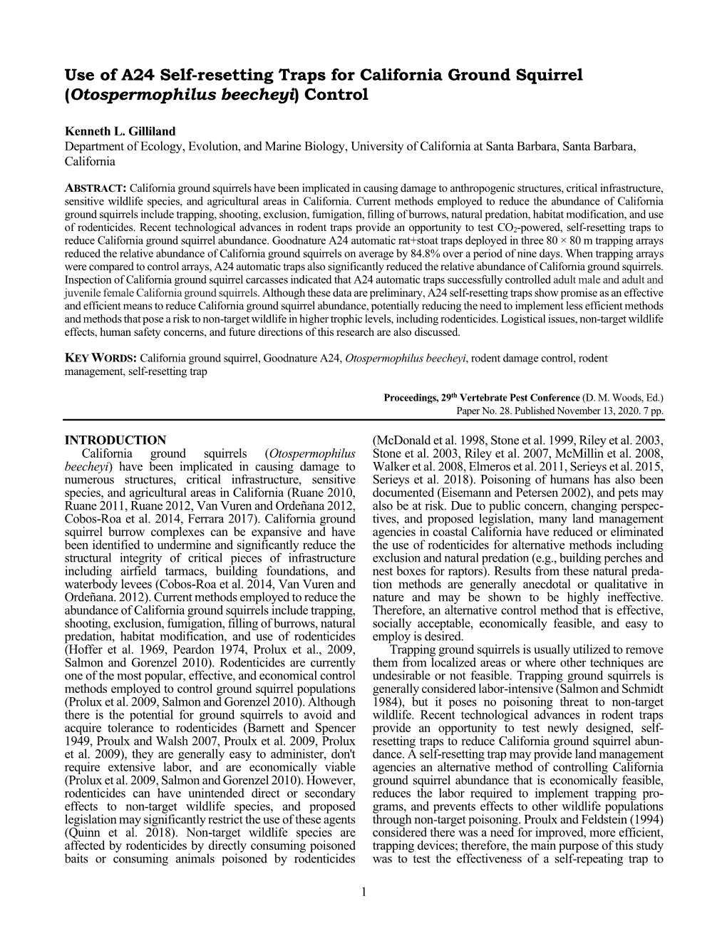 Use of A24 Self-Resetting Traps for California Ground Squirrel (Otospermophilus Beecheyi) Control