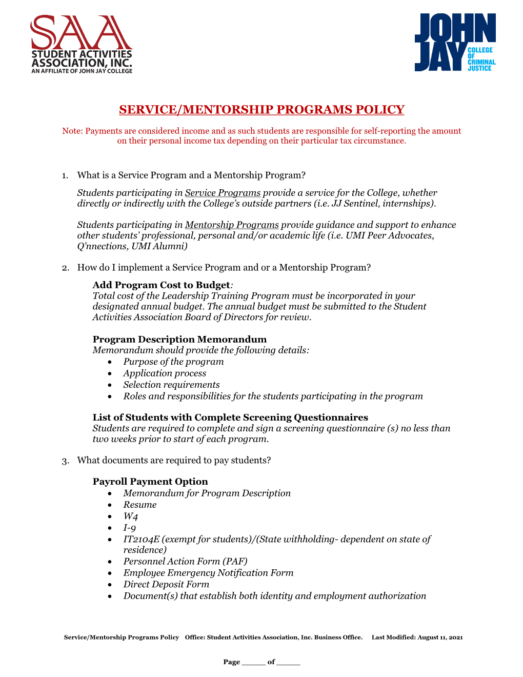 Service/Mentorship Programs Policy