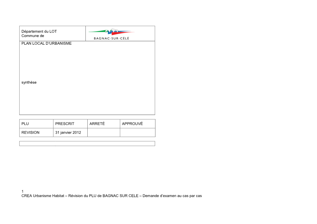 Révision Du PLU De BAGNAC SUR CELE – Demande D’Examen Au Cas Par Cas