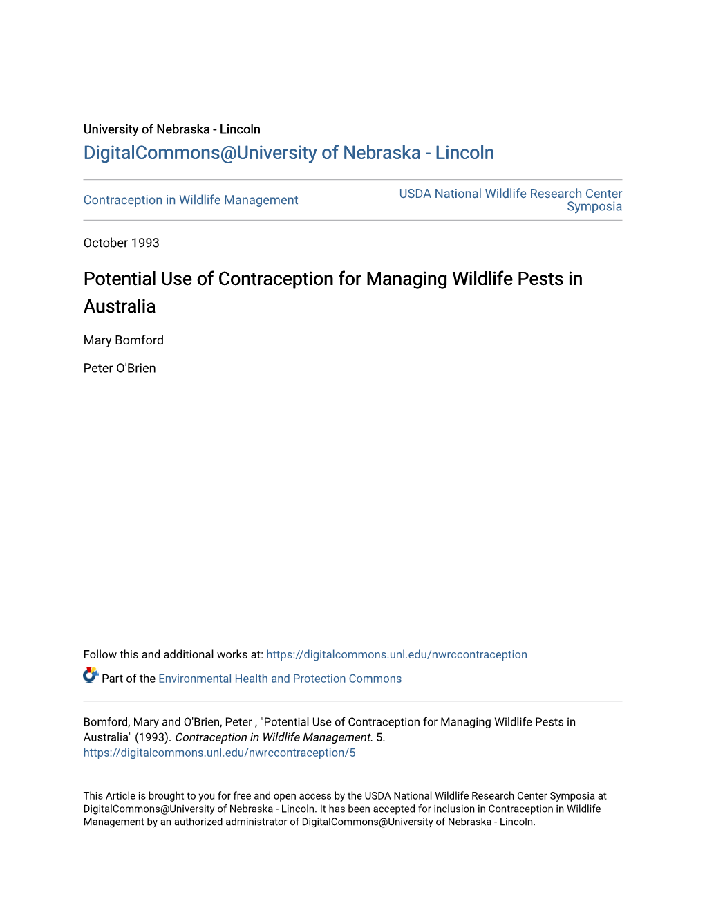 Potential Use of Contraception for Managing Wildlife Pests in Australia