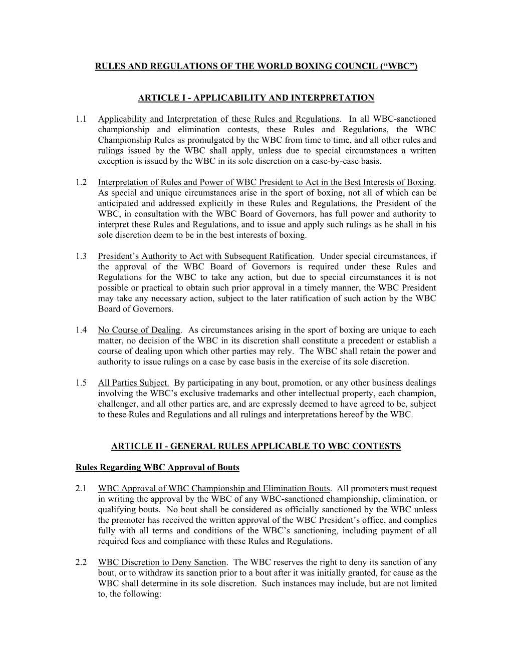 WBC Rules and Regulations Amended and Approved 13 Dec 2011