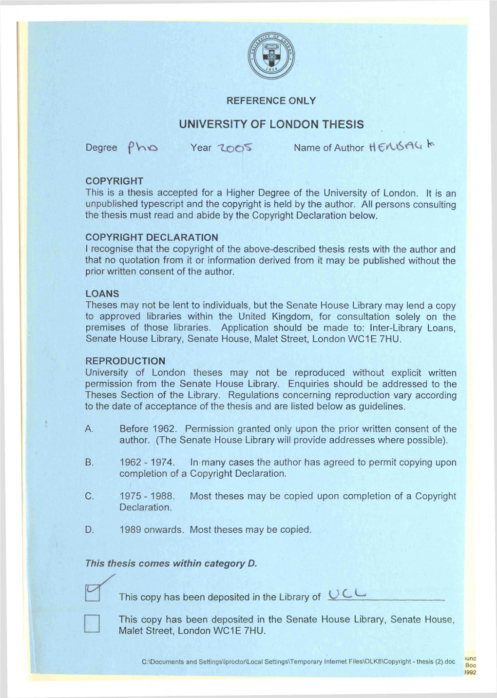 University of London Thesis