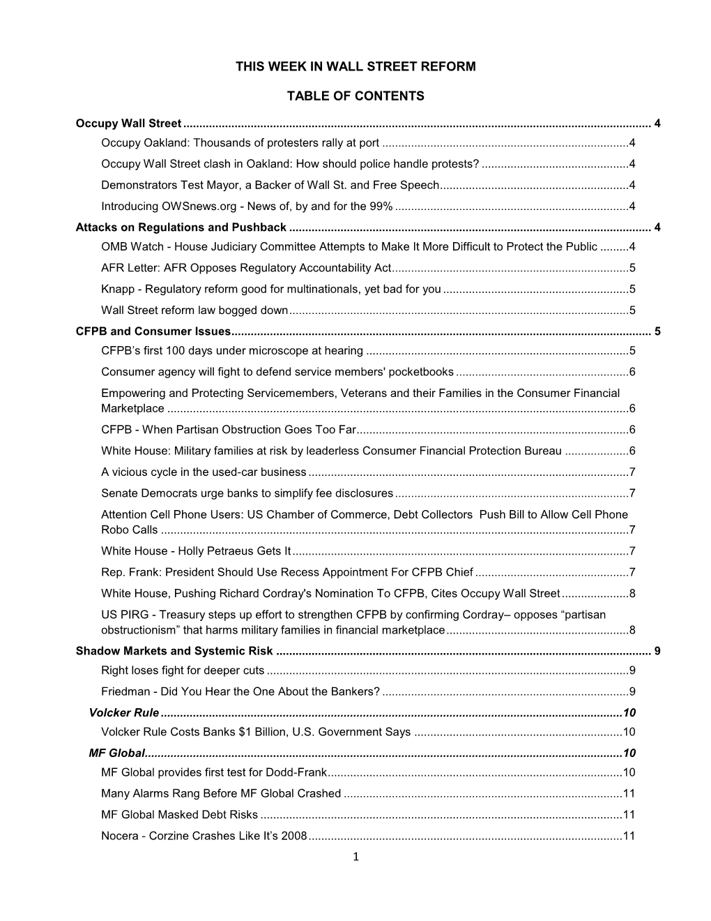 1 This Week in Wall Street Reform Table of Contents