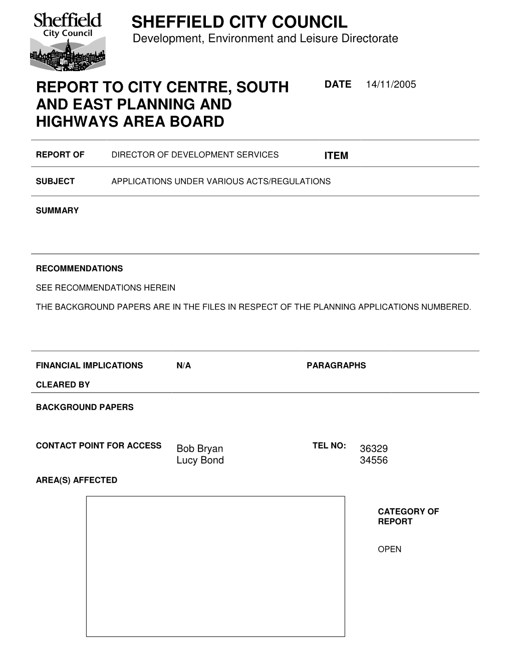 Report to City Centre, South and East Planning and Highways Area Board