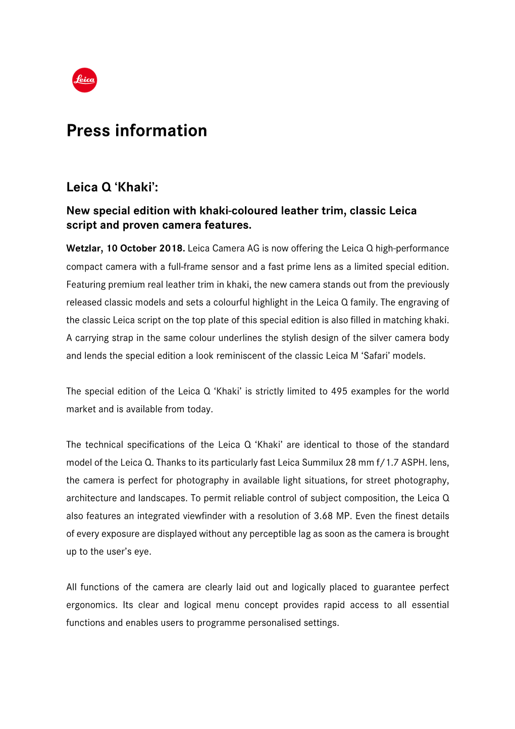 Press Information Leica Q