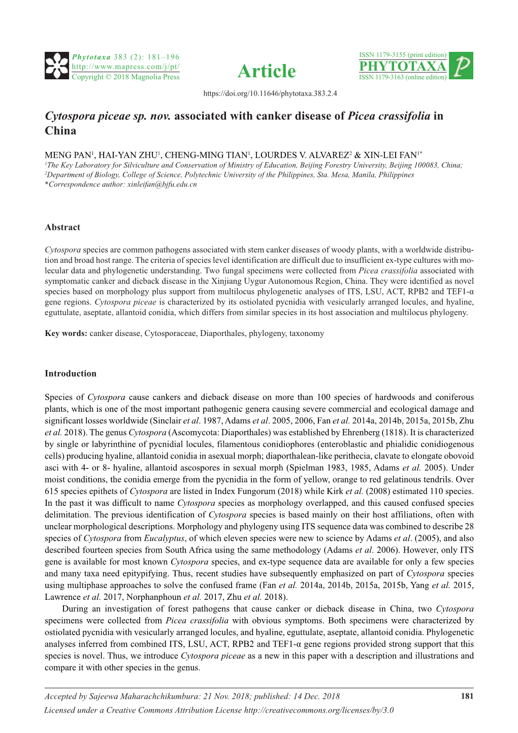 Cytospora Piceae Sp. Nov. Associated with Canker Disease of Picea Crassifolia in China