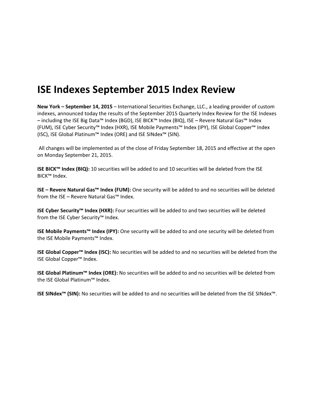 ISE Indexes September 2015 Index Review