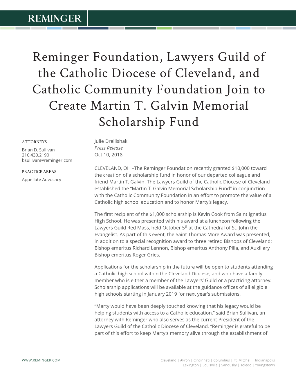 Reminger Foundation, Lawyers Guild of the Catholic Diocese of Cleveland, and Catholic Community Foundation Join to Create Martin T