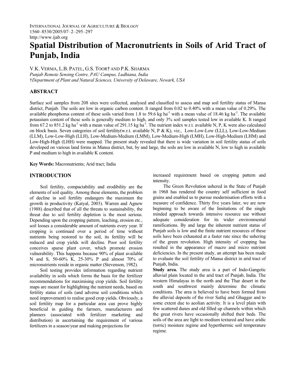 Spatial Distribution of Macronutrients in Soils of Arid Tract of Punjab, India