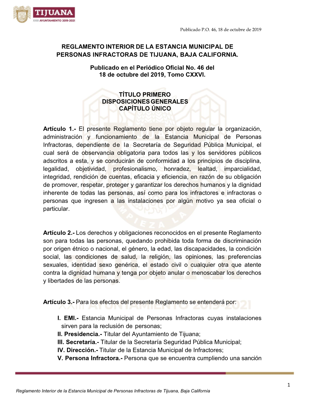 Reglamento Interior De La Estancia Municipal De Personas Infractoras De Tijuana, Baja California