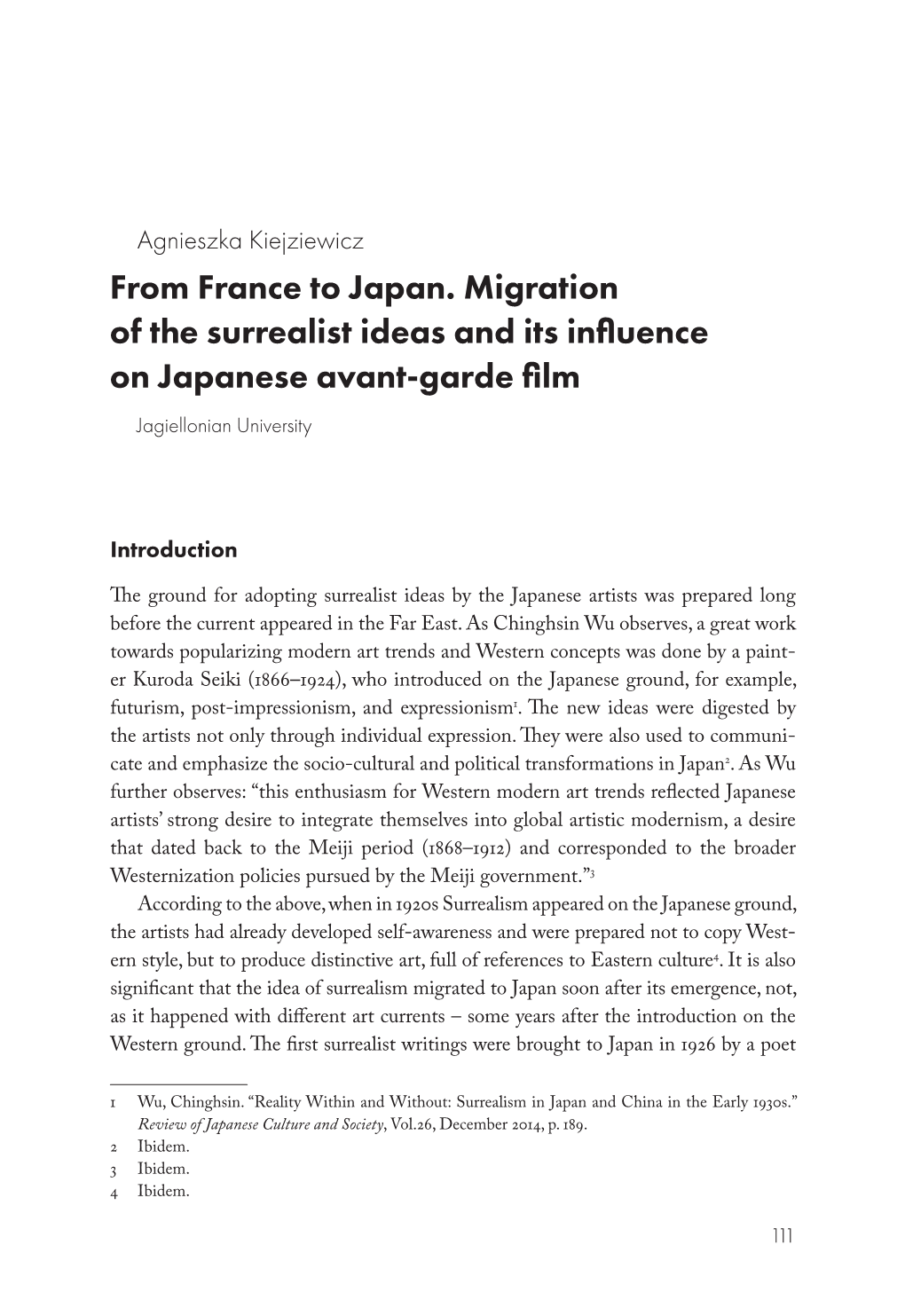 From France to Japan. Migration of the Surrealist Ideas and Its Influence on Japanese Avant-Garde Film Jagiellonian University