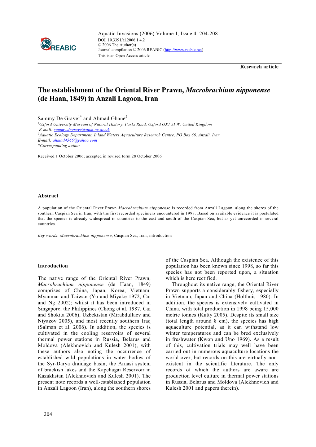 The Establishment of the Oriental River Prawn, Macrobrachium Nipponense (De Haan, 1849) in Anzali Lagoon, Iran