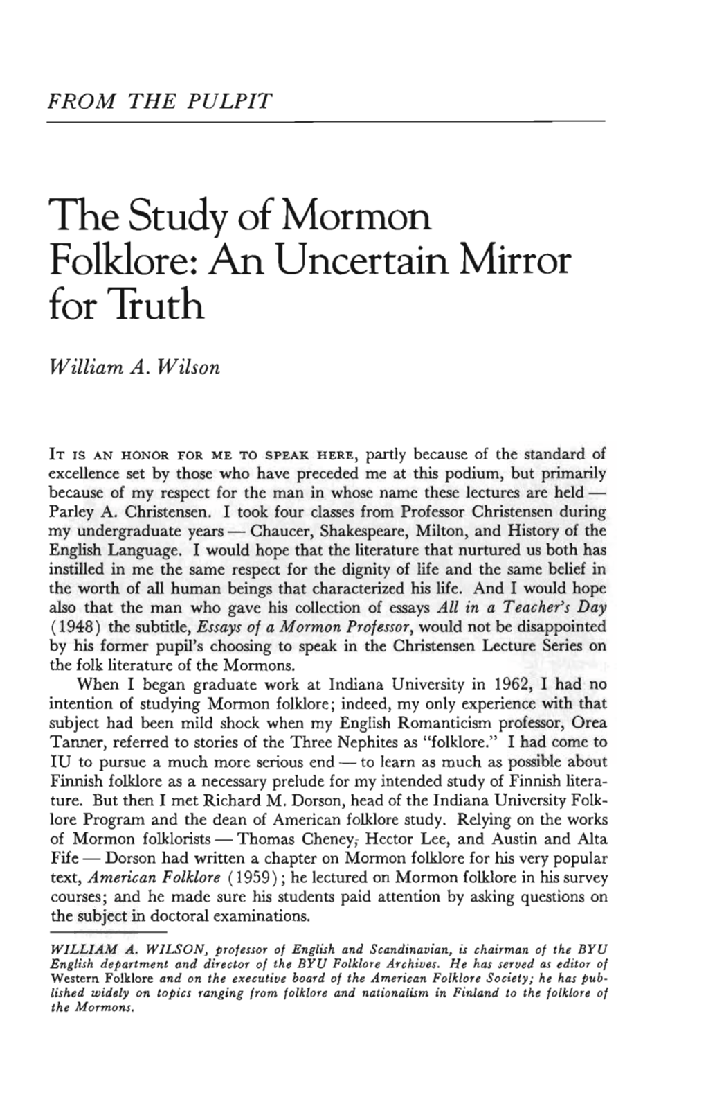 The Study of Mormon Folklore: an Uncertain Mirror for Truth