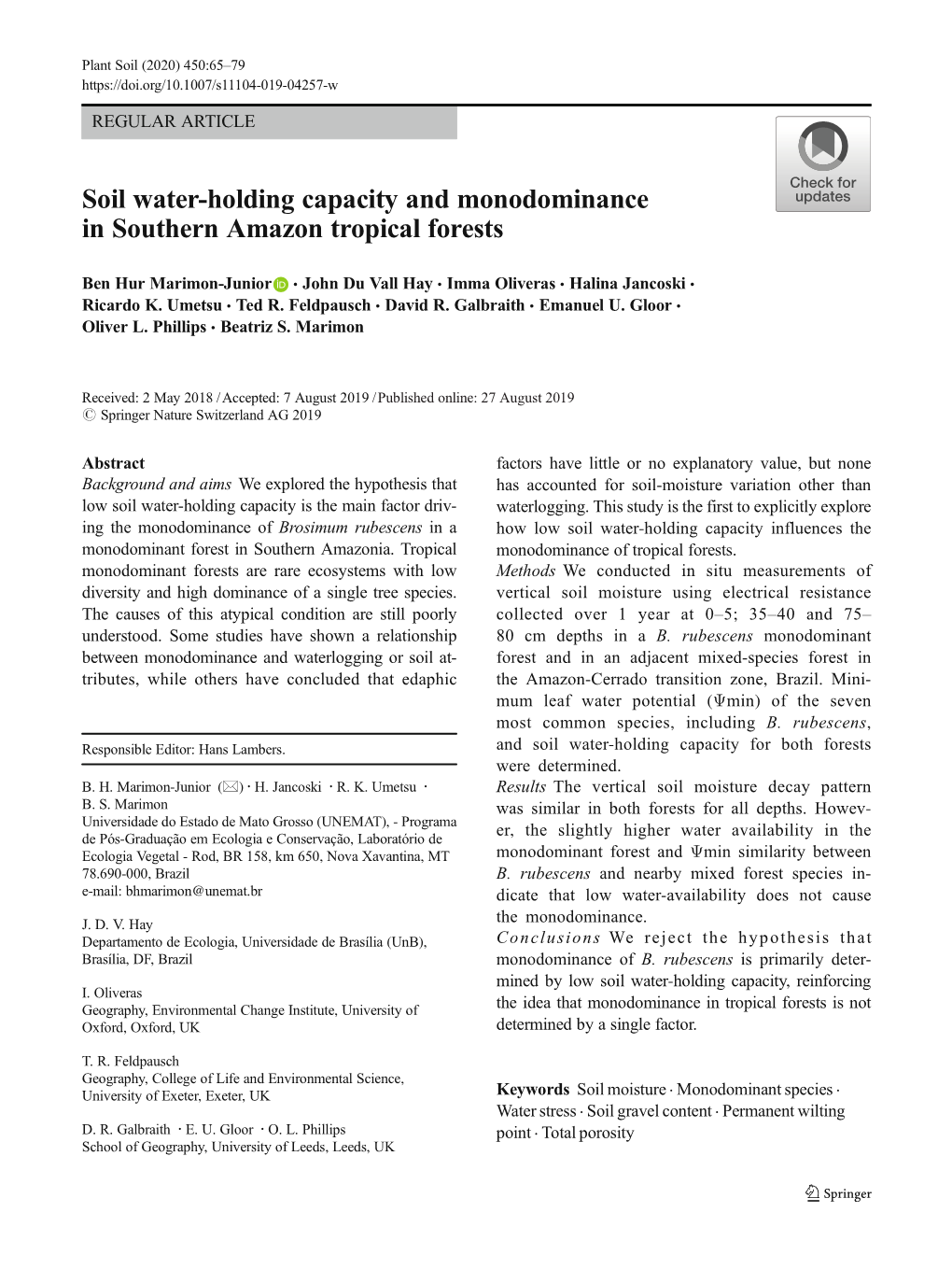 Soil Water-Holding Capacity and Monodominance in Southern Amazon Tropical Forests