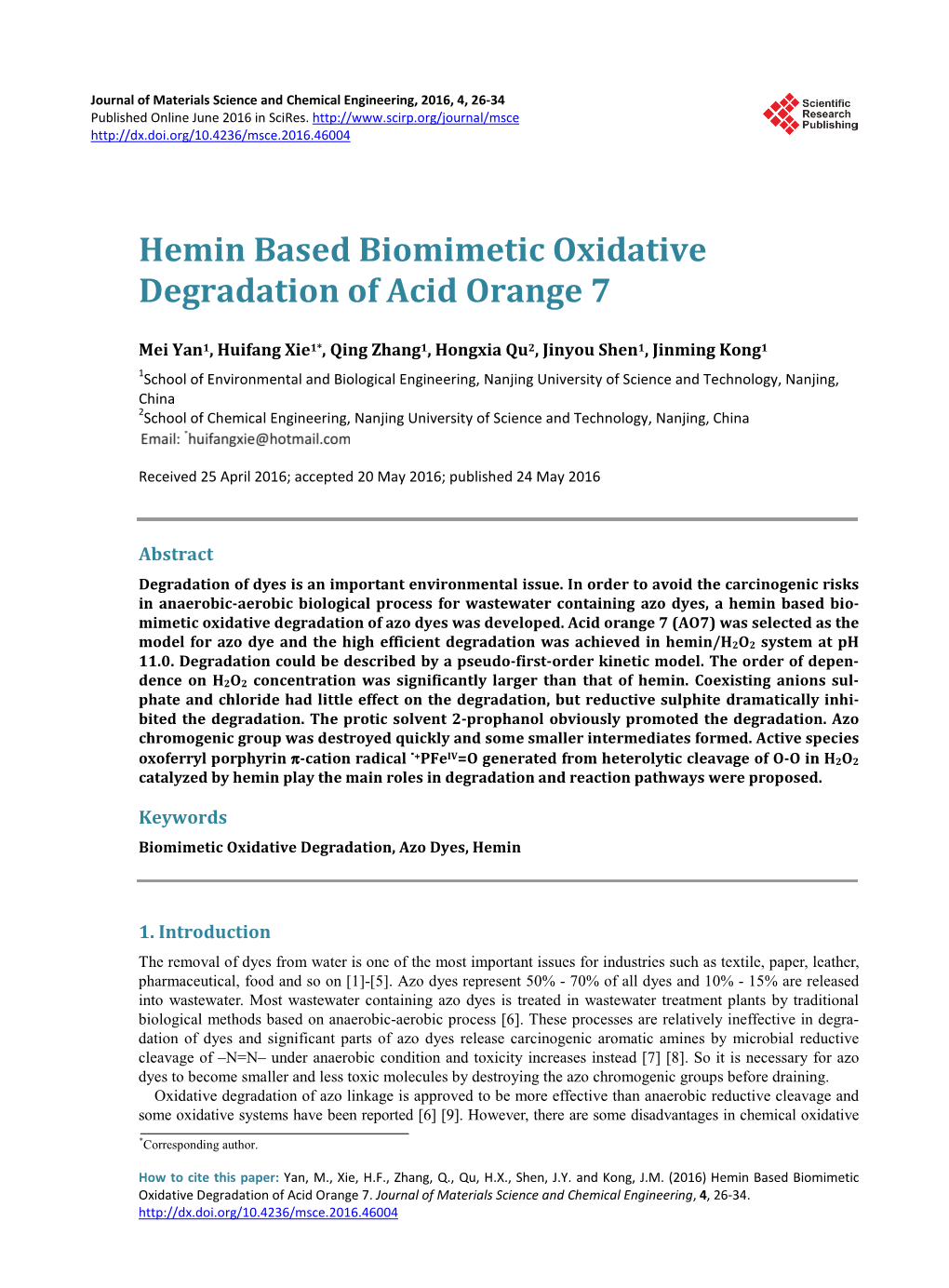 Hemin Based Biomimetic Oxidative Degradation of Acid Orange 7