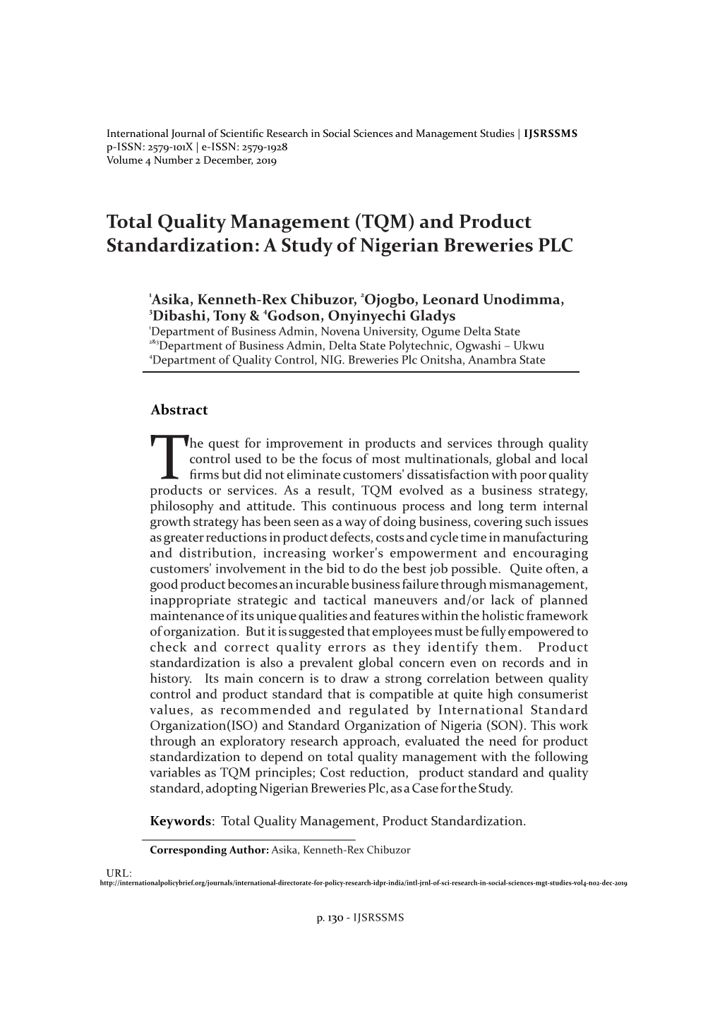 (TQM) and Product Standardization: a Study of Nigerian Breweries PLC