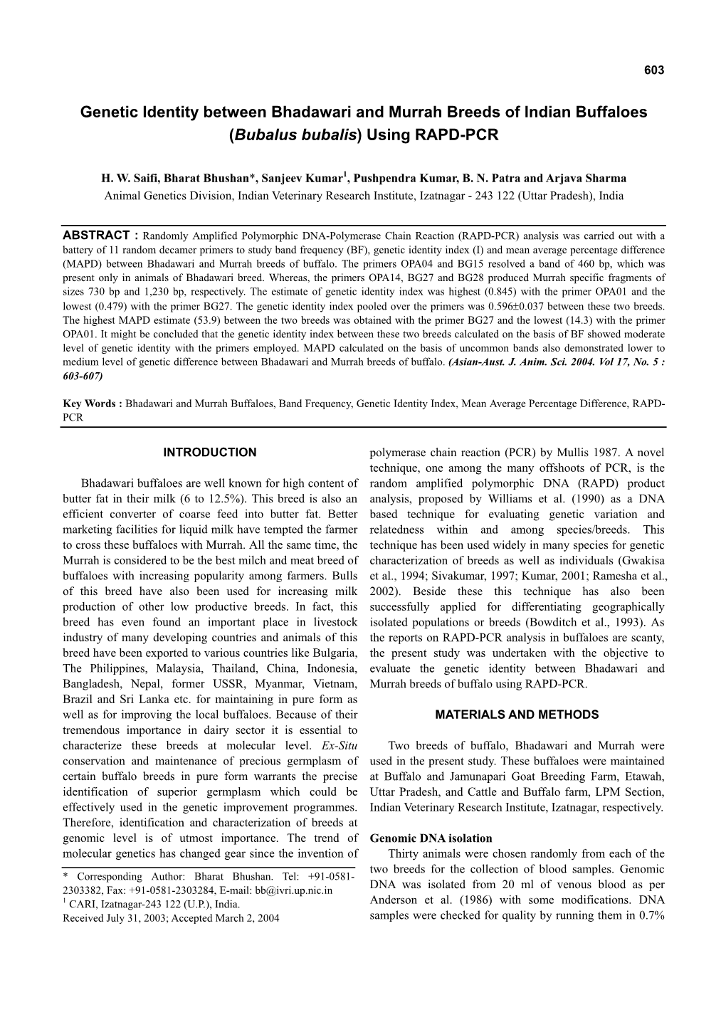 Genetic Identity Between Bhadawari and Murrah Breeds of Indian Buffaloes (Bubalus Bubalis) Using RAPD-PCR