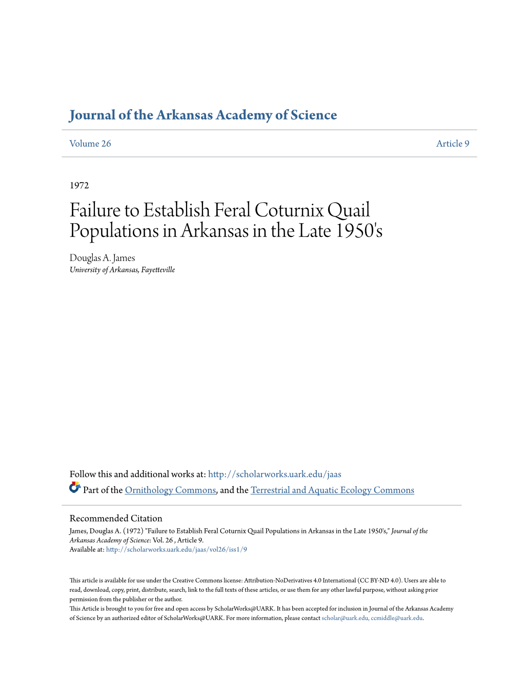 Failure to Establish Feral Coturnix Quail Populations in Arkansas in the Late 1950'S Douglas A