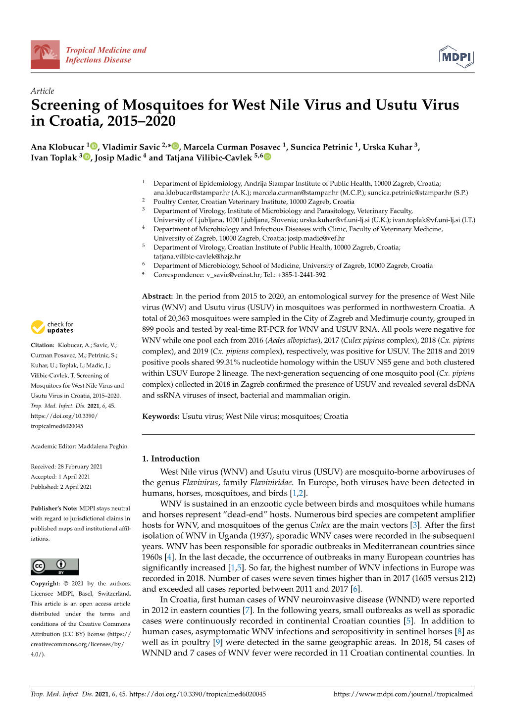 Screening of Mosquitoes for West Nile Virus and Usutu Virus in Croatia, 2015–2020