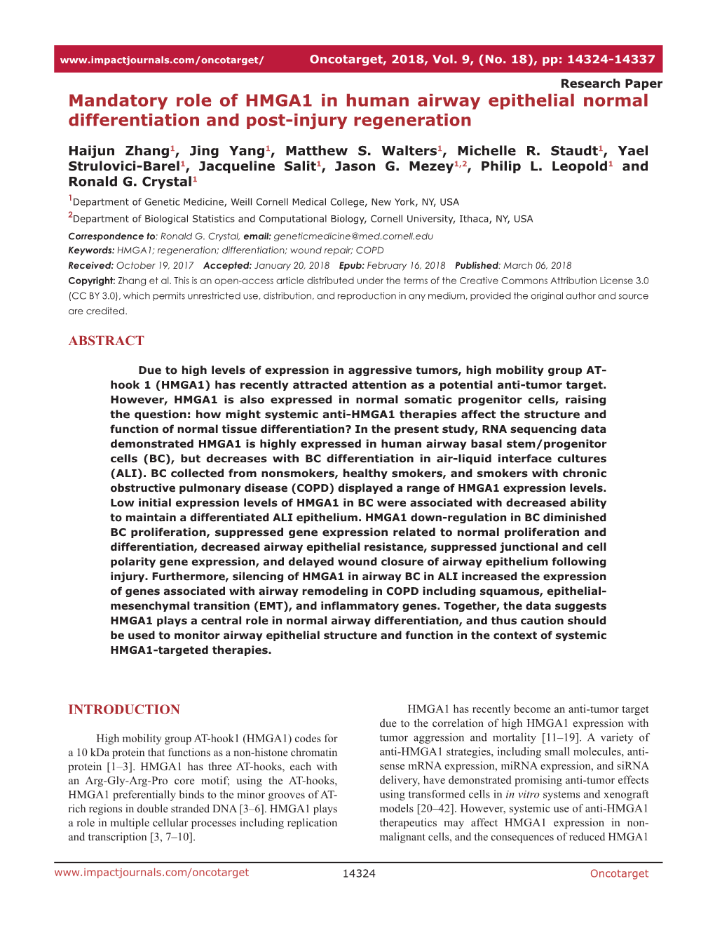 Mandatory Role of HMGA1 in Human Airway Epithelial Normal Differentiation and Post-Injury Regeneration