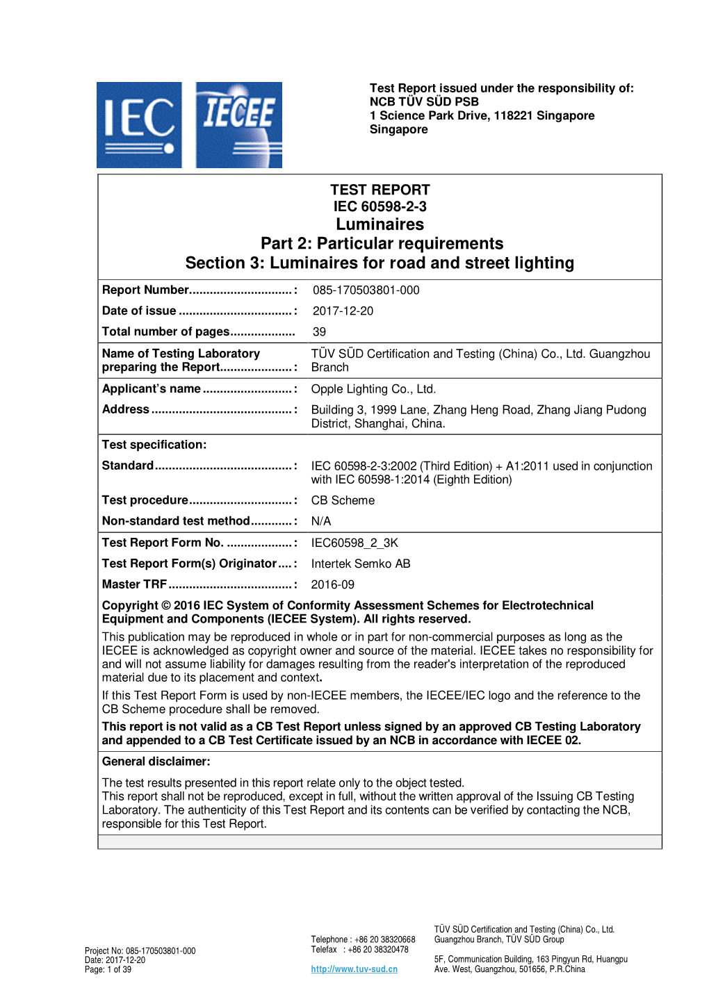 Particular Requirements Section 3: Luminaires for Road and Street Lighting
