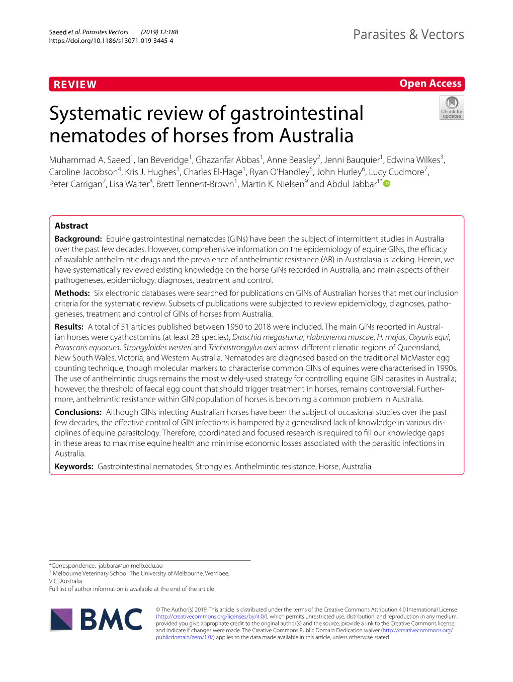 Systematic Review of Gastrointestinal Nematodes of Horses from Australia Muhammad A
