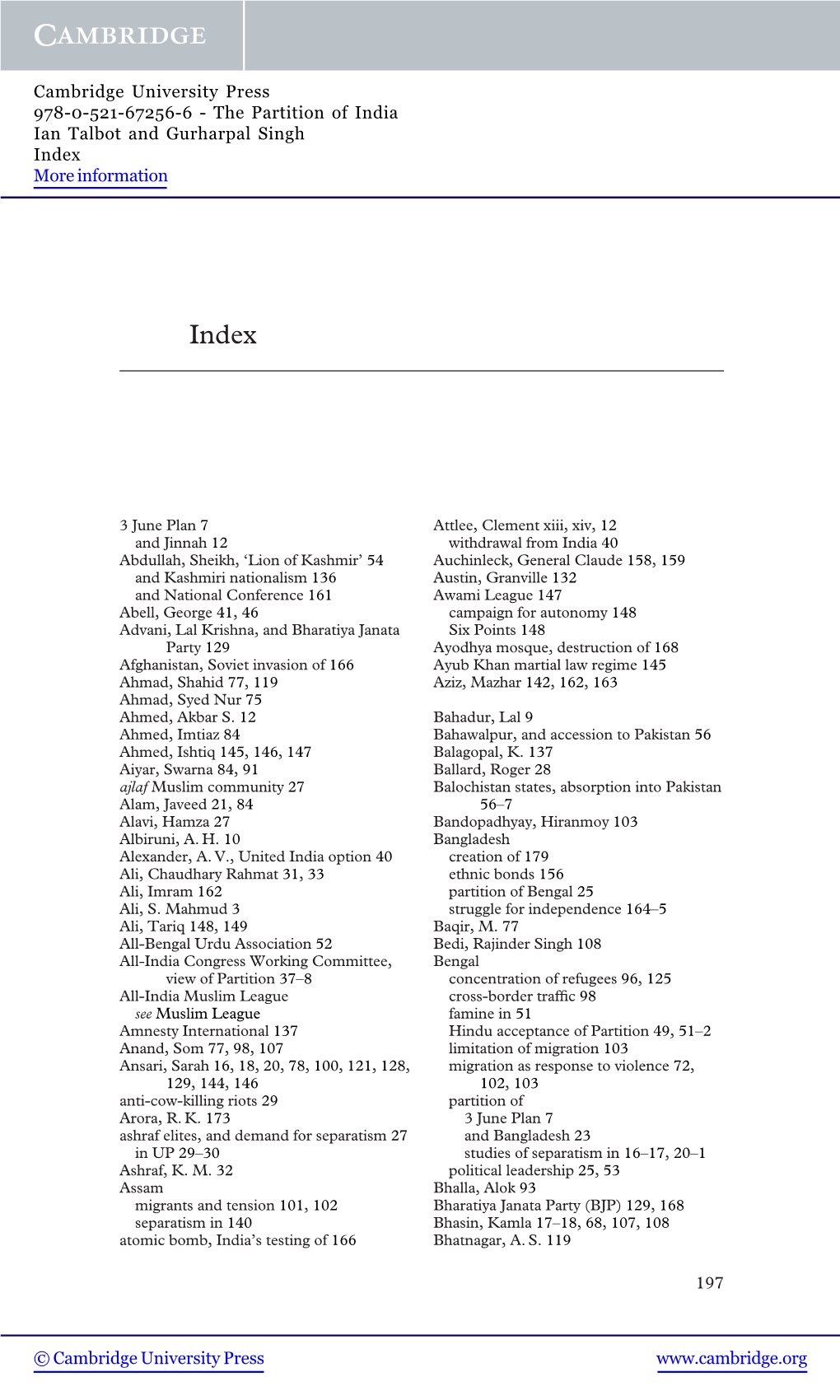 The Partition of India Ian Talbot and Gurharpal Singh Index More Information