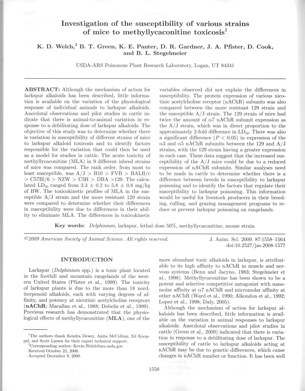 Investigation of the Susceptibility of Various Strains of Mice to Methyllycaconitine Toxicosis1