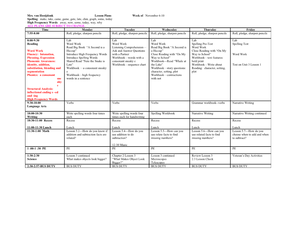 Mrs. Van Hooijdonk Lesson Plans Week of : November 6-10