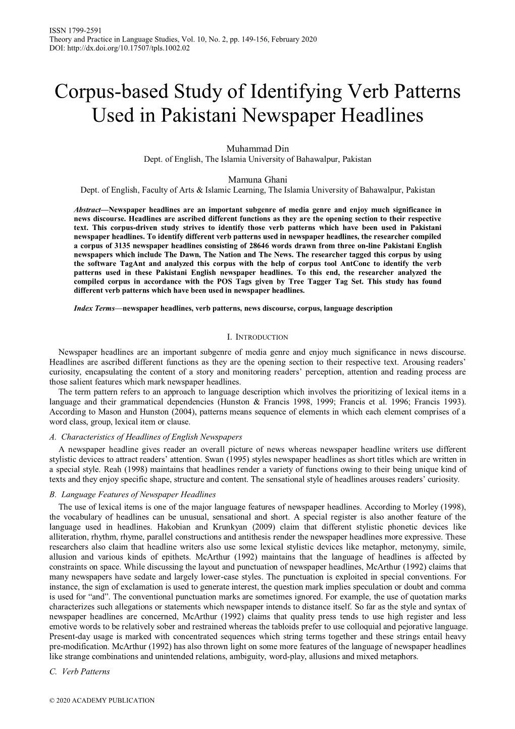 Corpus-Based Study of Identifying Verb Patterns Used in Pakistani Newspaper Headlines