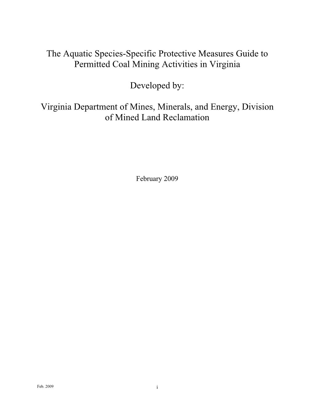 Aquatic Species-Specific Protective Measures Guide to Permitted Coal Mining Activities in Virginia