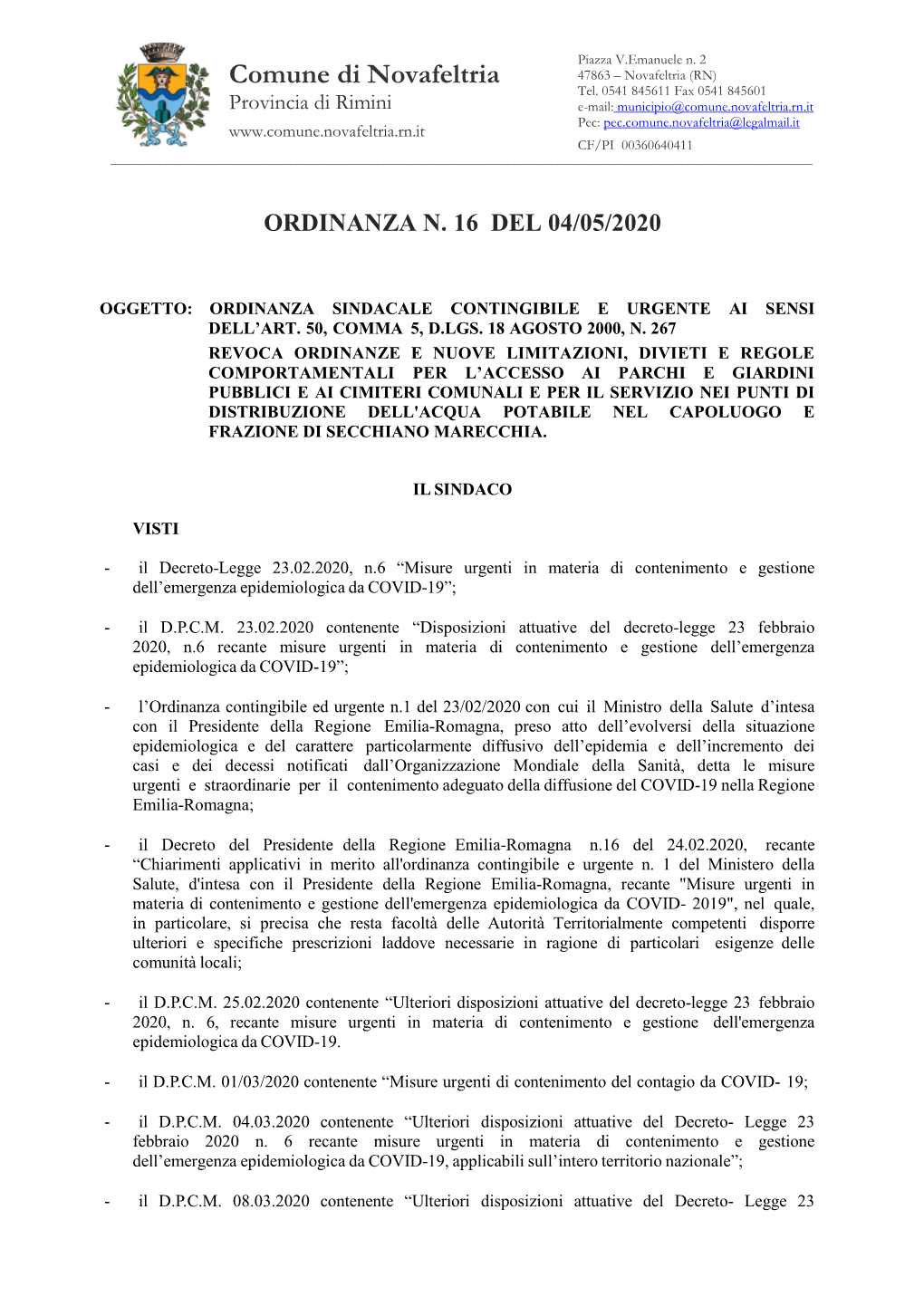 Scarica L'ordinanza N. 16 Del 04/05/2020