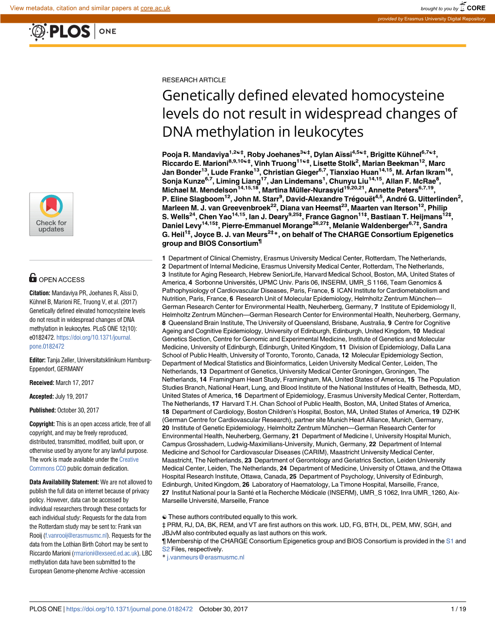 Genetically Defined Elevated Homocysteine Levels Do Not Result in Widespread Changes of DNA Methylation in Leukocytes
