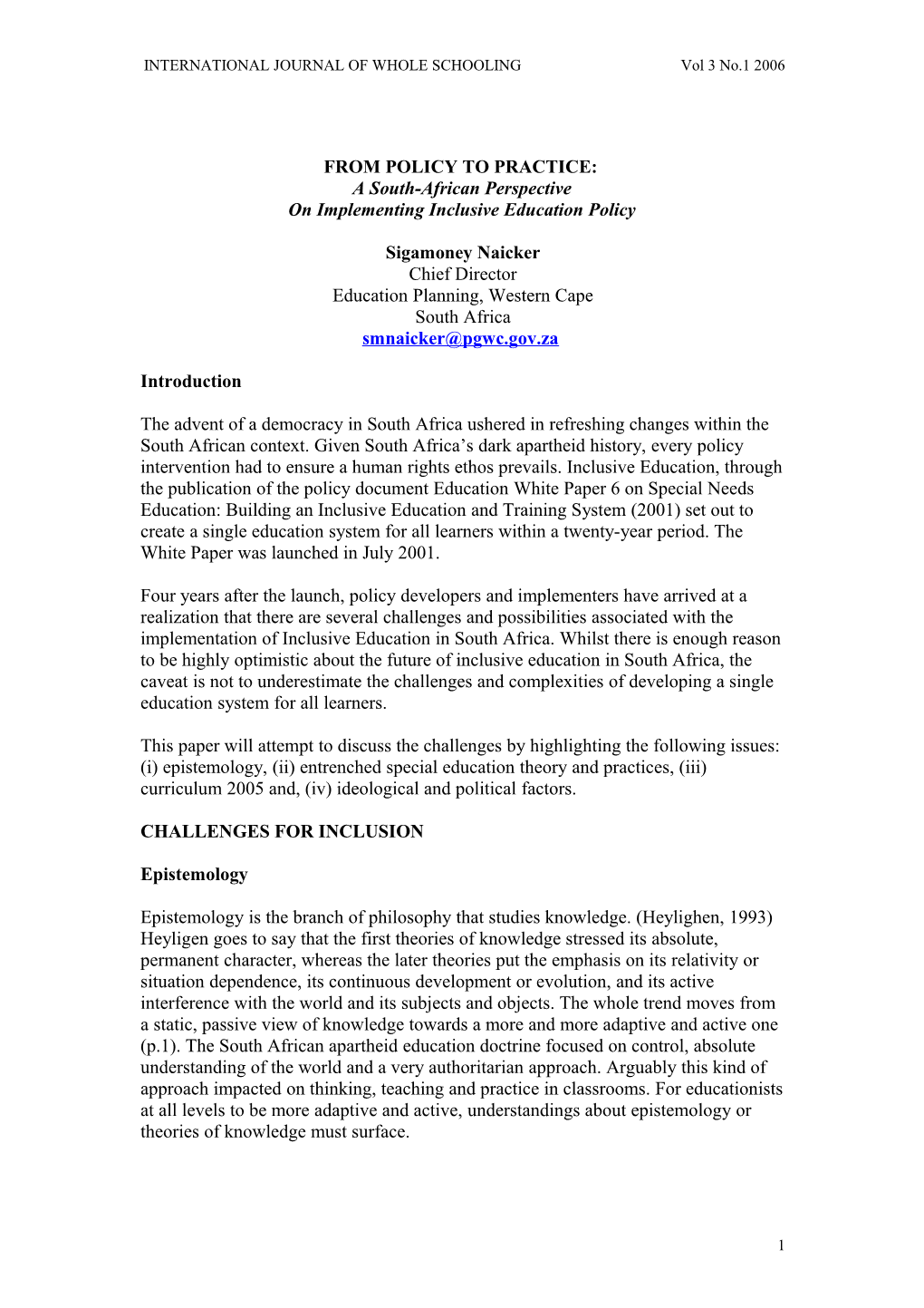 From Policy to Practice : a South-African Perspective on Implementing Inclusive Education