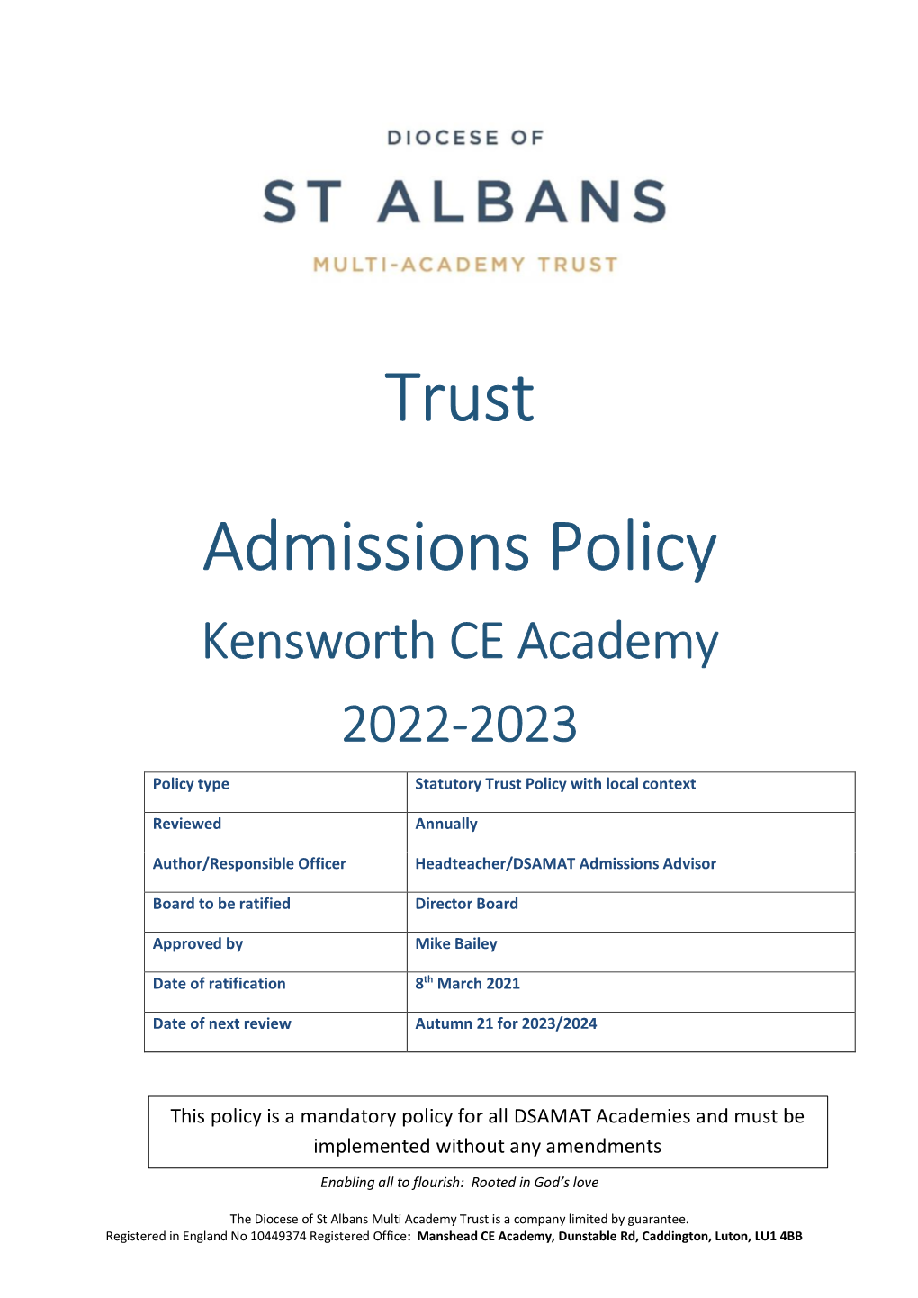 Kensworth Admission Policy 2022 to 2023