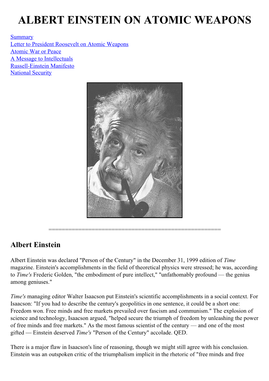 Albert Einstein on Atomic Weapons