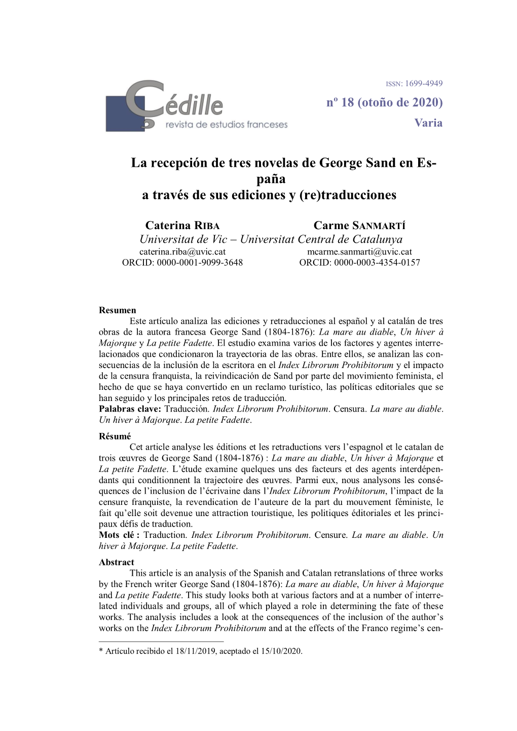 La Recepción De Tres Novelas De George Sand En España A