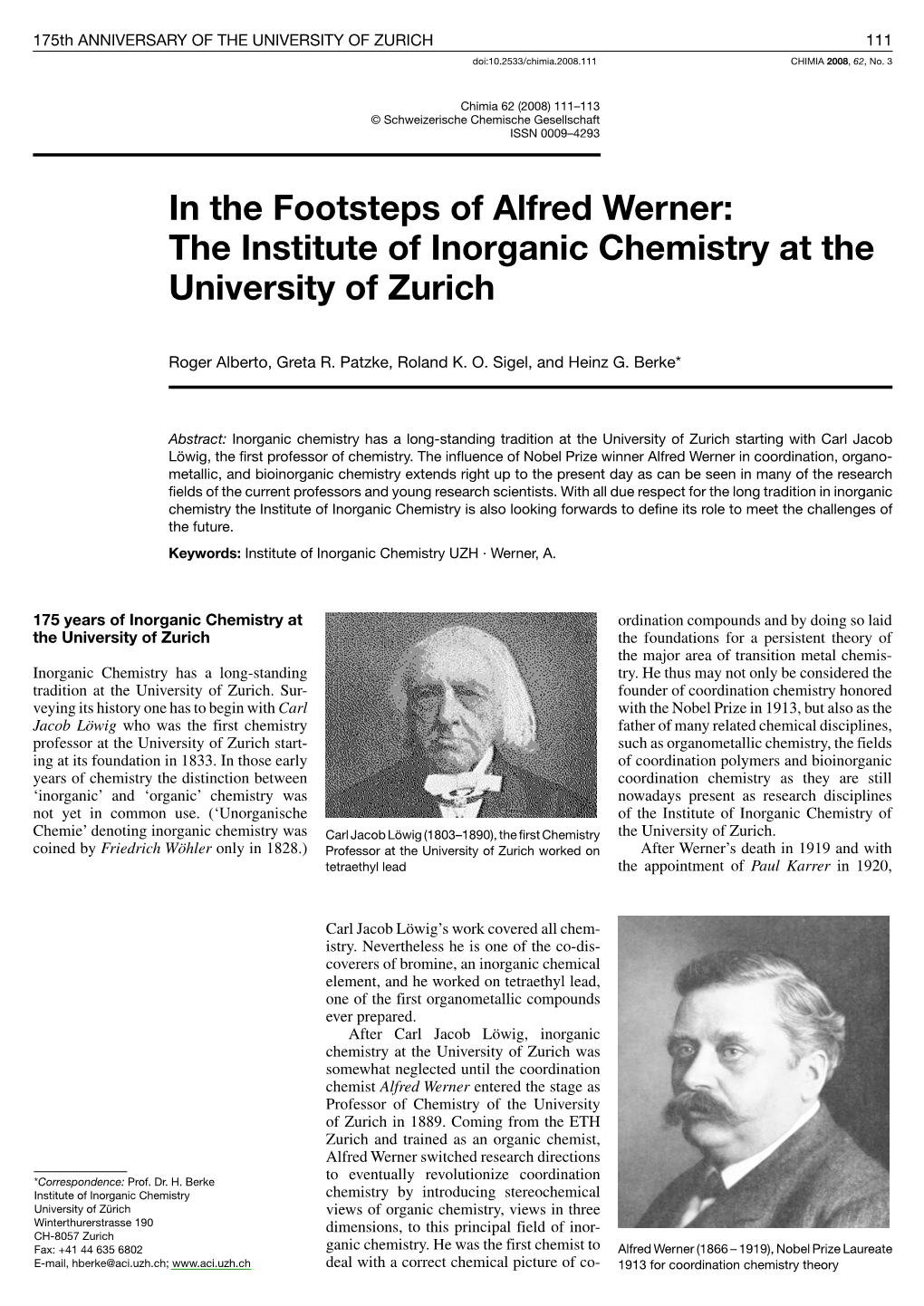 In the Footsteps of Alfred Werner: the Institute of Inorganic Chemistry at the University of Zurich