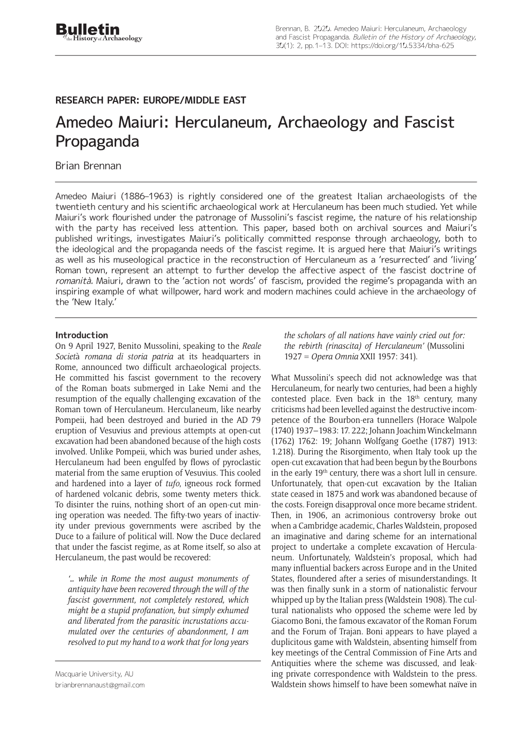 Amedeo Maiuri: Herculaneum, Archaeology and Fascist Propaganda Brian Brennan