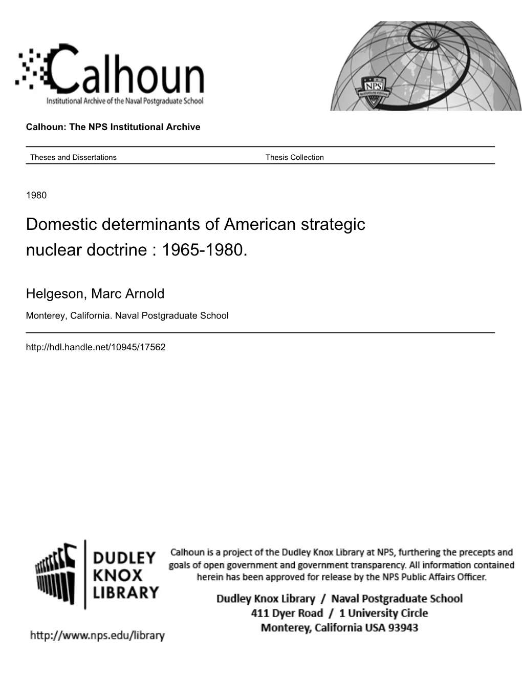 Domestic Determinants of American Strategic Nuclear Doctrine : 1965-1980
