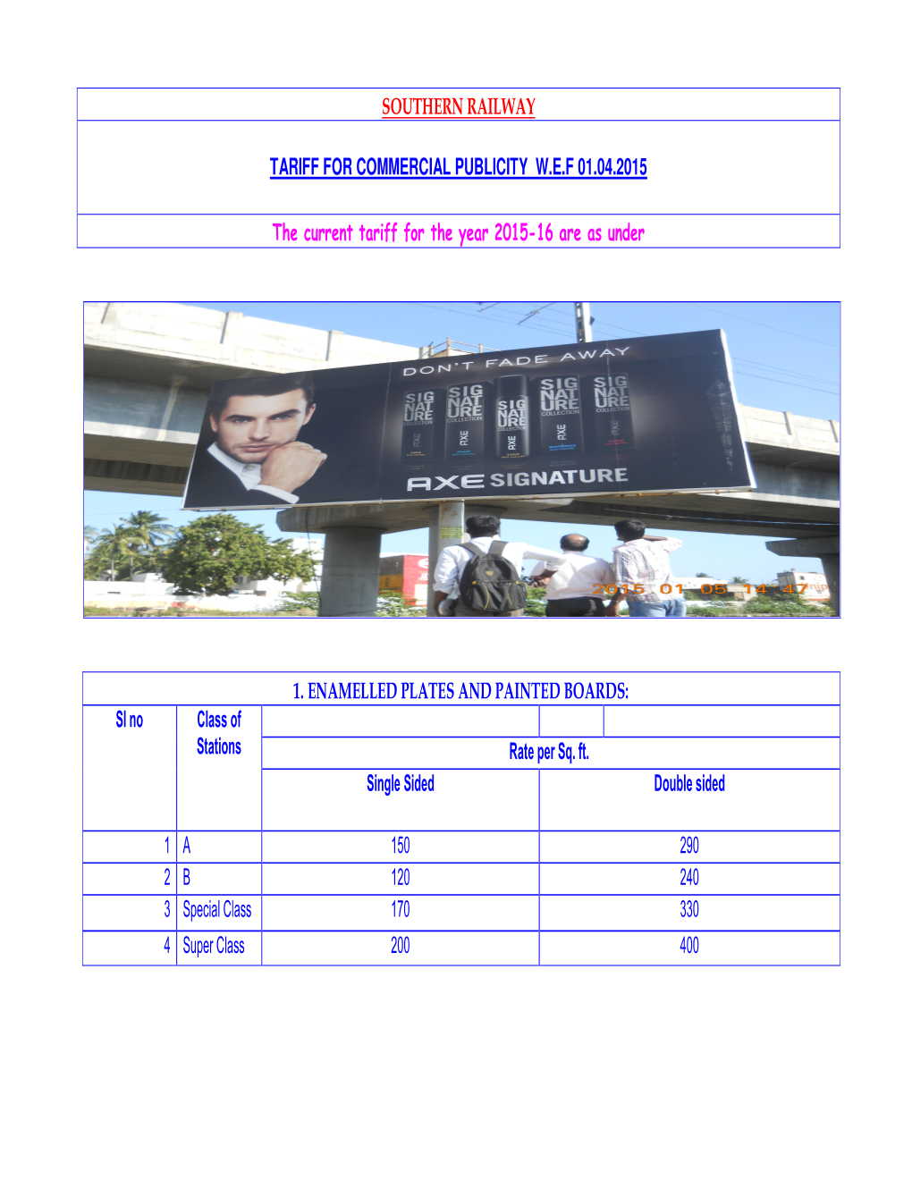 Rate Per Sq. Ft. Sl No Class of Stations Single Sided Double Sided 1 a 150