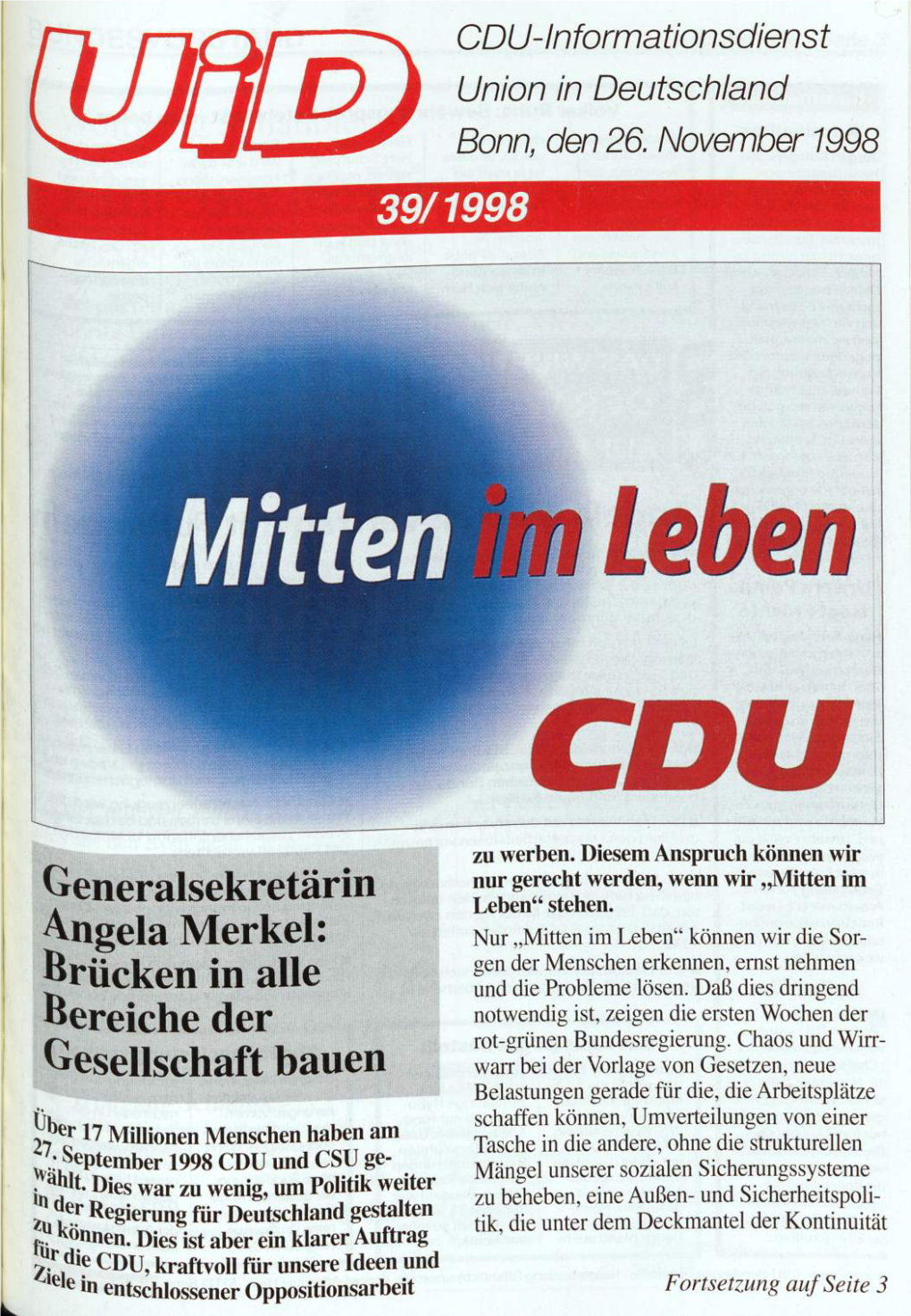 CDU-Informationsdienst Union in Deutschland Bonn, Den 26