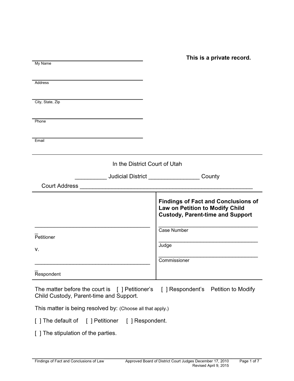 Findings Of Fact And Conclusions Of Law On Petition To Modify Child Custody, Parent-Time And Support