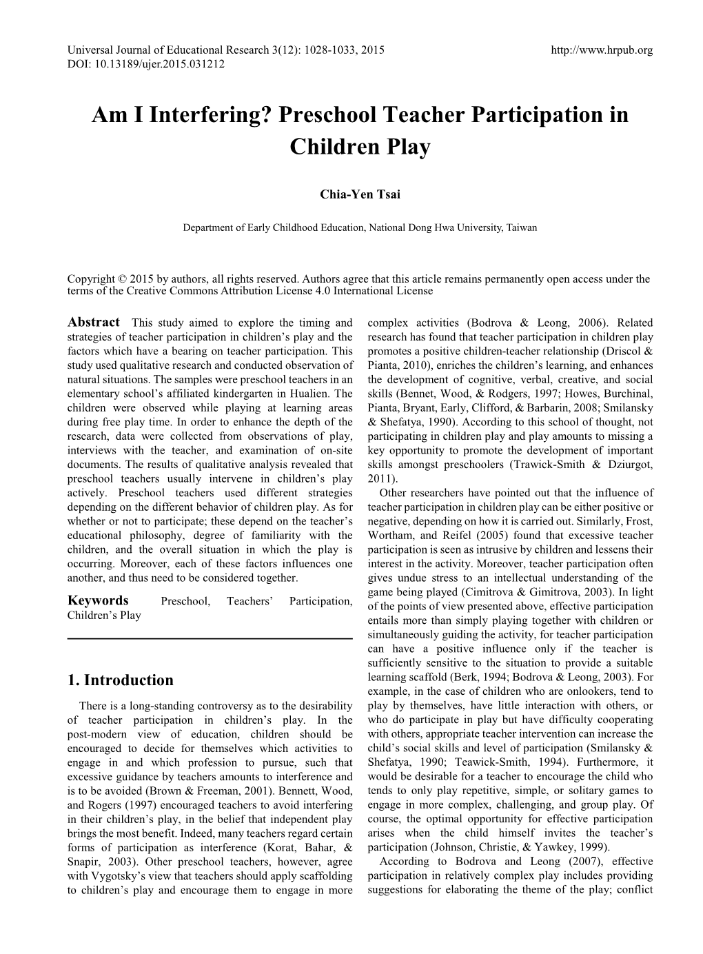 Preschool Teacher Participation in Children Play