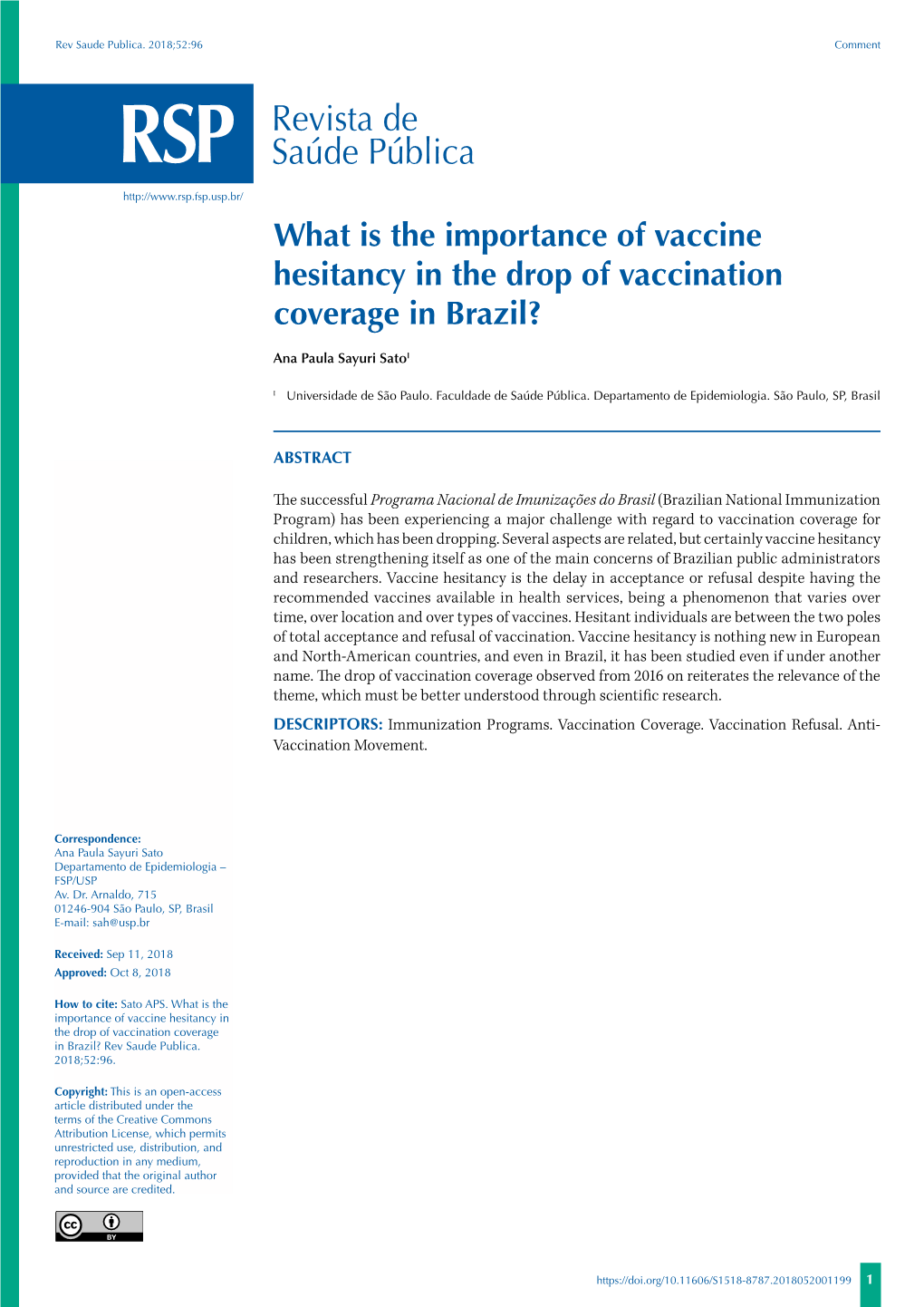 What Is the Importance of Vaccine Hesitancy in the Drop of Vaccination Coverage in Brazil?