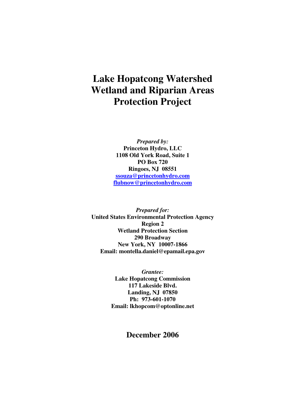 Lake Hopatcong Watershed Wetland and Riparian Areas Protection Project