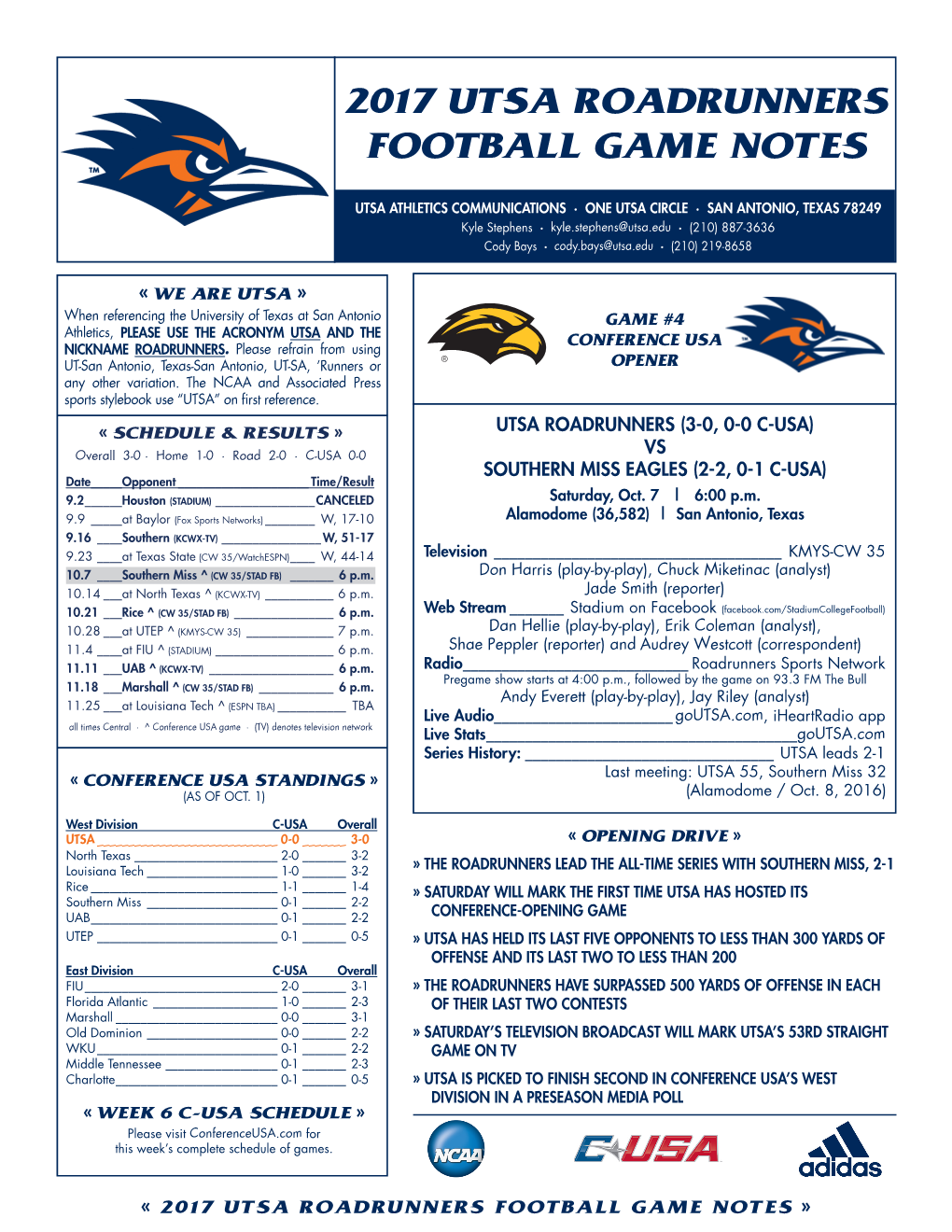 2017 Utsa Roadrunners Football Game Notes