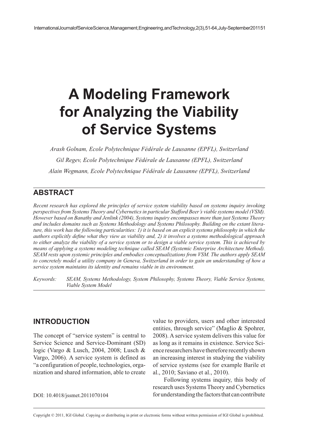 A Modeling Framework for Analyzing the Viability of Service Systems