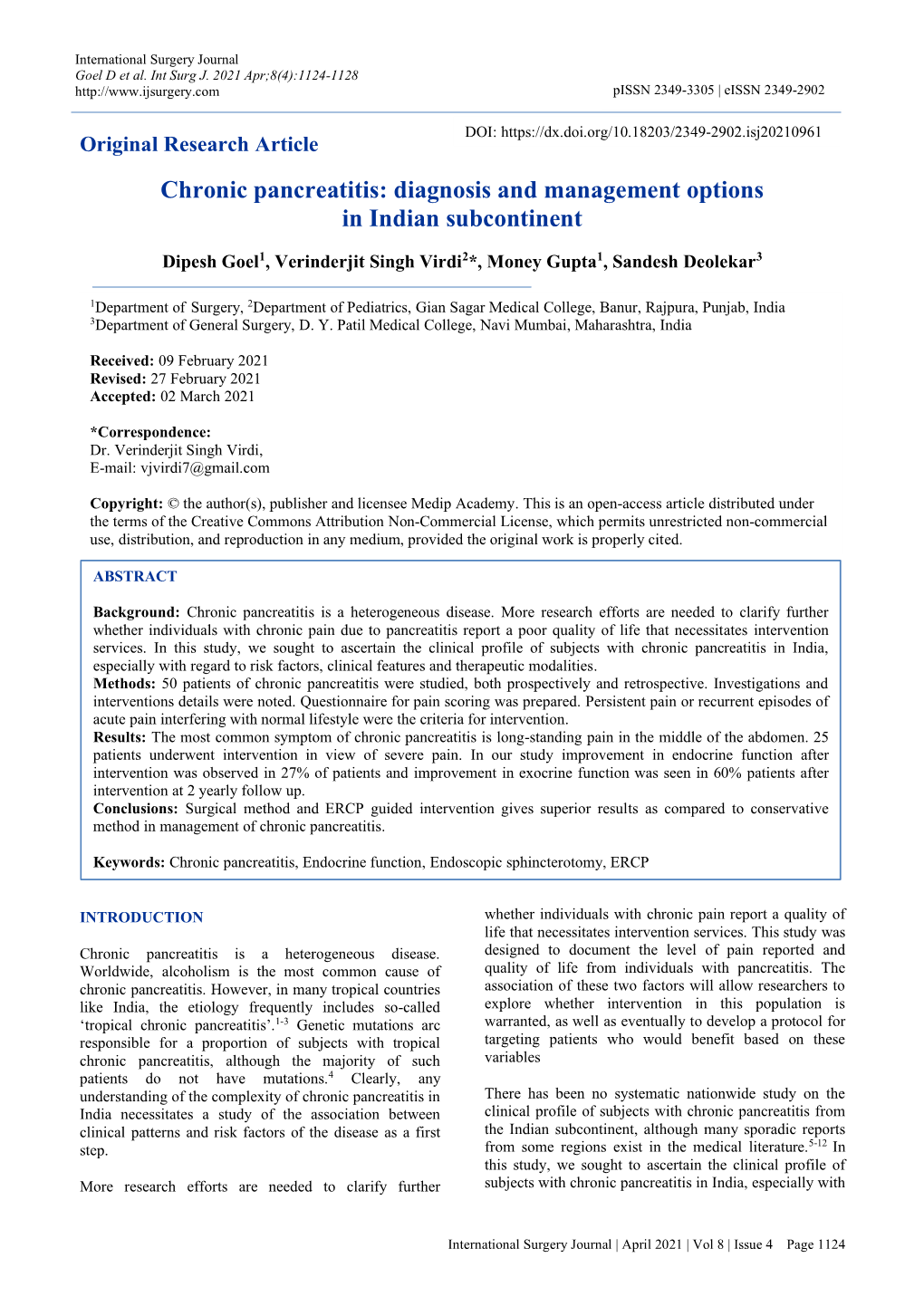 Chronic Pancreatitis: Diagnosis and Management Options in Indian Subcontinent